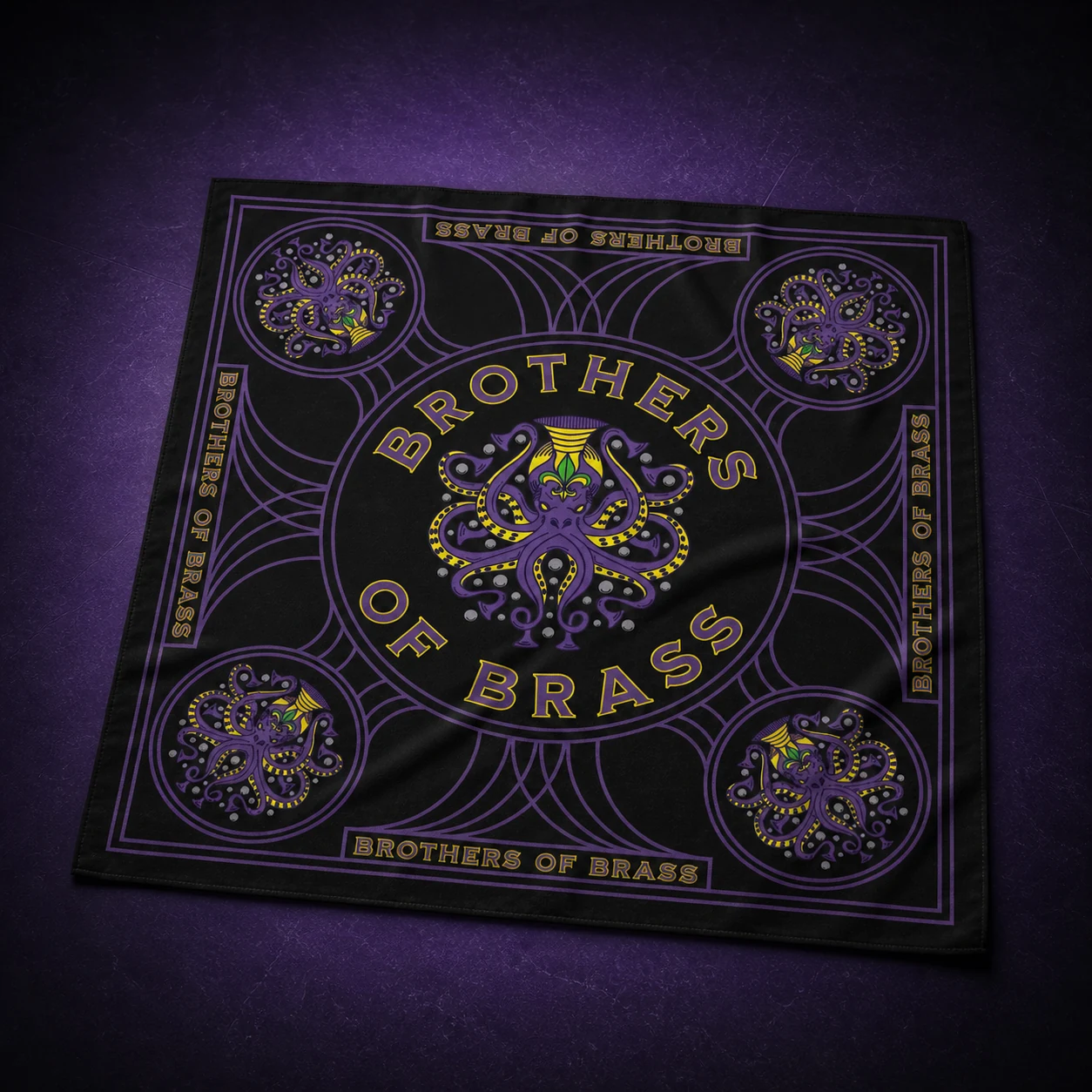 Black Brothers of Brass bandana with purple border work and octopus emblems