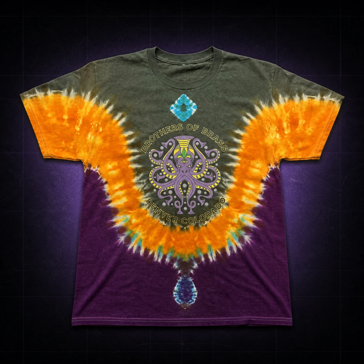Hand tie-dyed Brothers of Brass shirt with the main octopus logo
