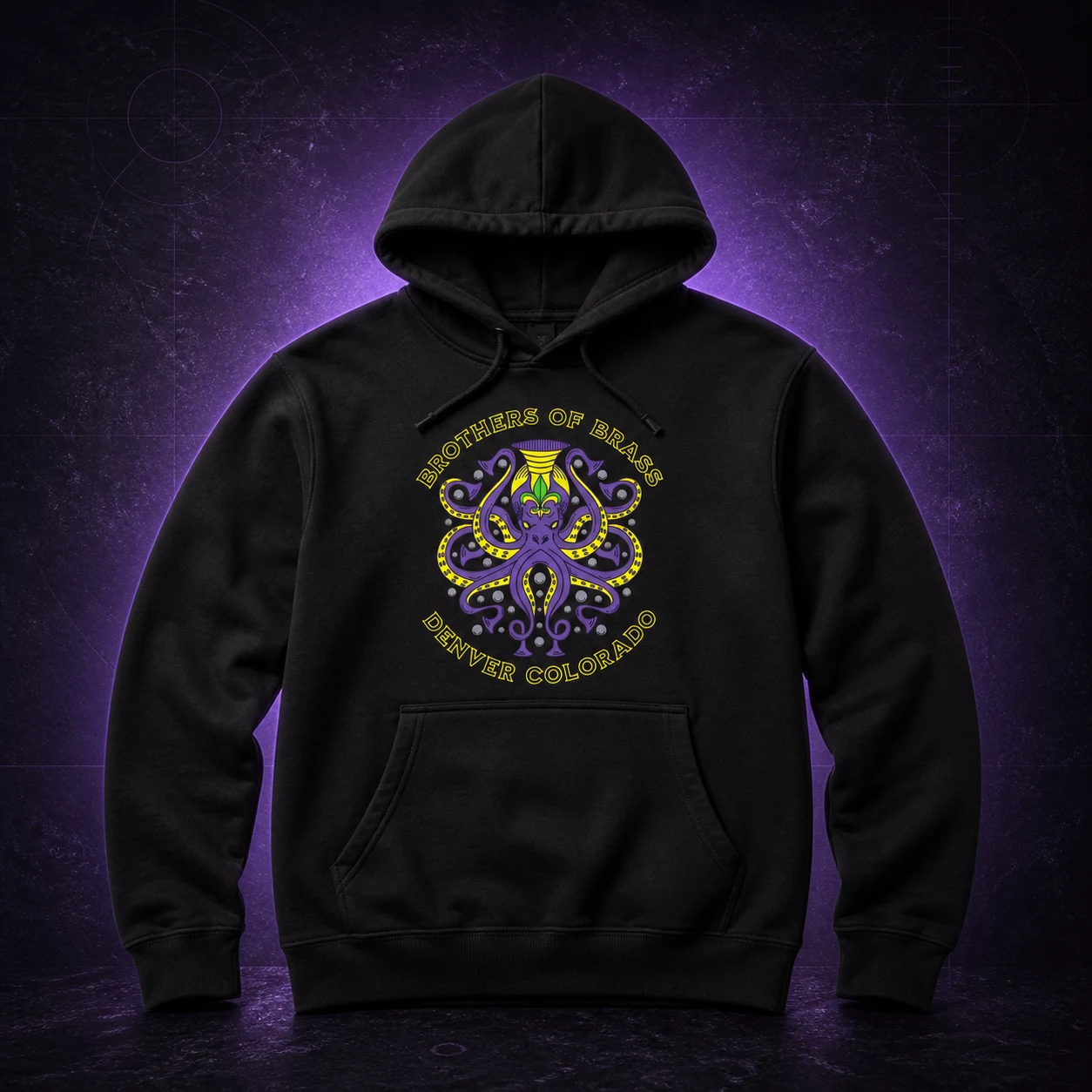Black Brothers of Brass hoodie with the octopus logo