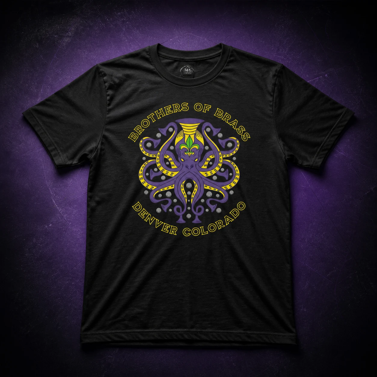 Black Brothers of Brass T-shirt with the purple and yellow octopus logo