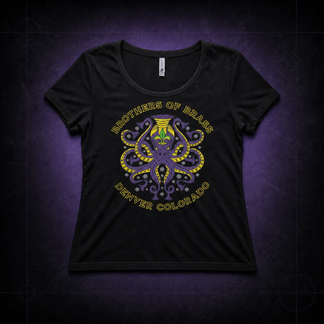 Black women's-cut Brothers of Brass T-shirt with the octopus logo